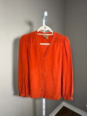 Tory Burch Orange V-Neck Silk Button-Down Long Sleeve Blouse Size 4